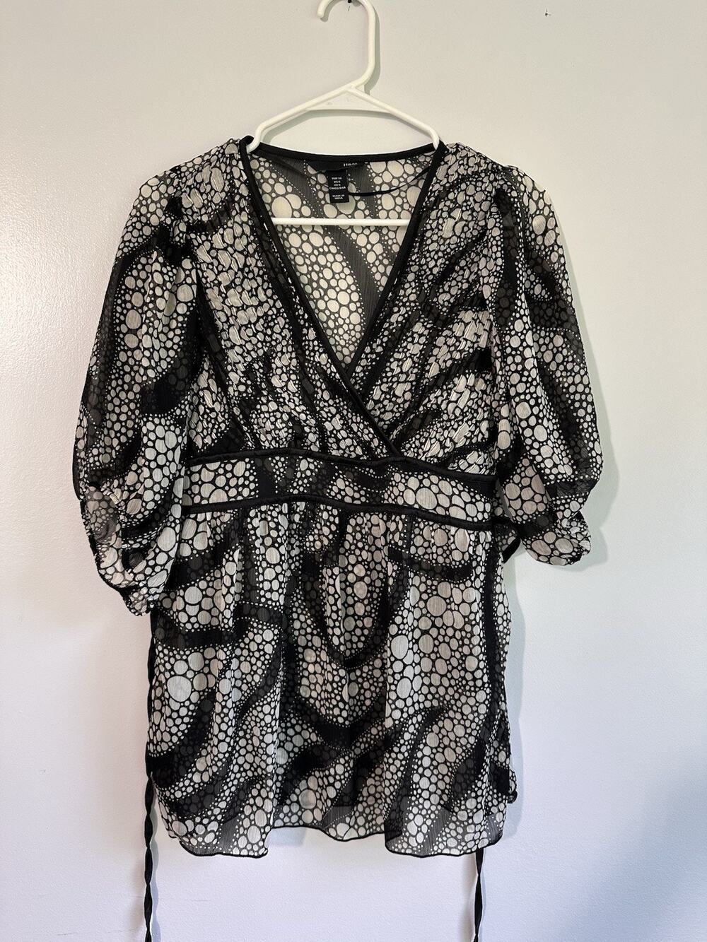 Vintage Y2K H&M Baby Doll Blouse Tie Waist Crossover Top Black White Dot Pattern